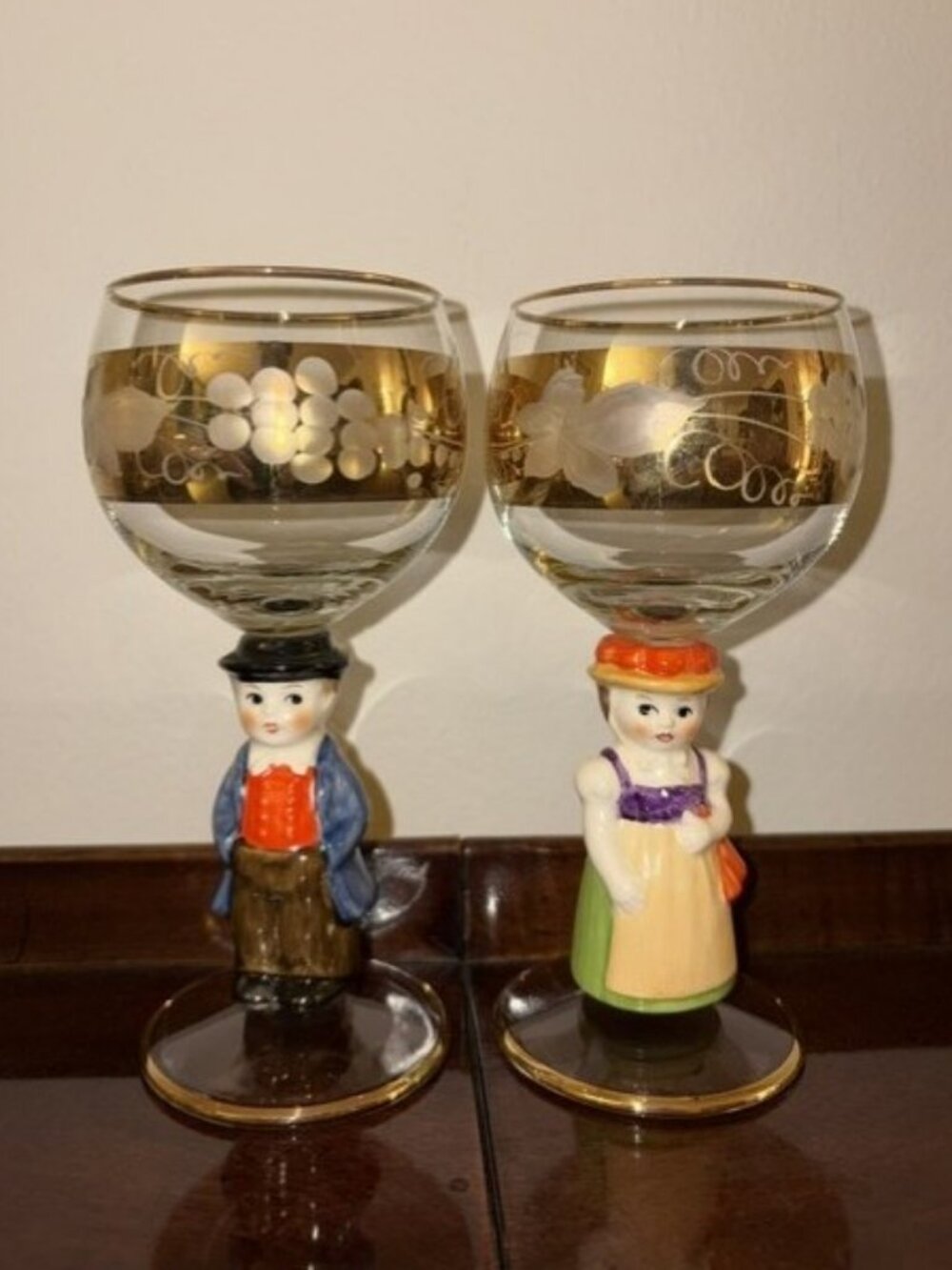Pair of Goebel Hummel Figural Bavarian Couple Wine Glasses Goblets Gold Trim
